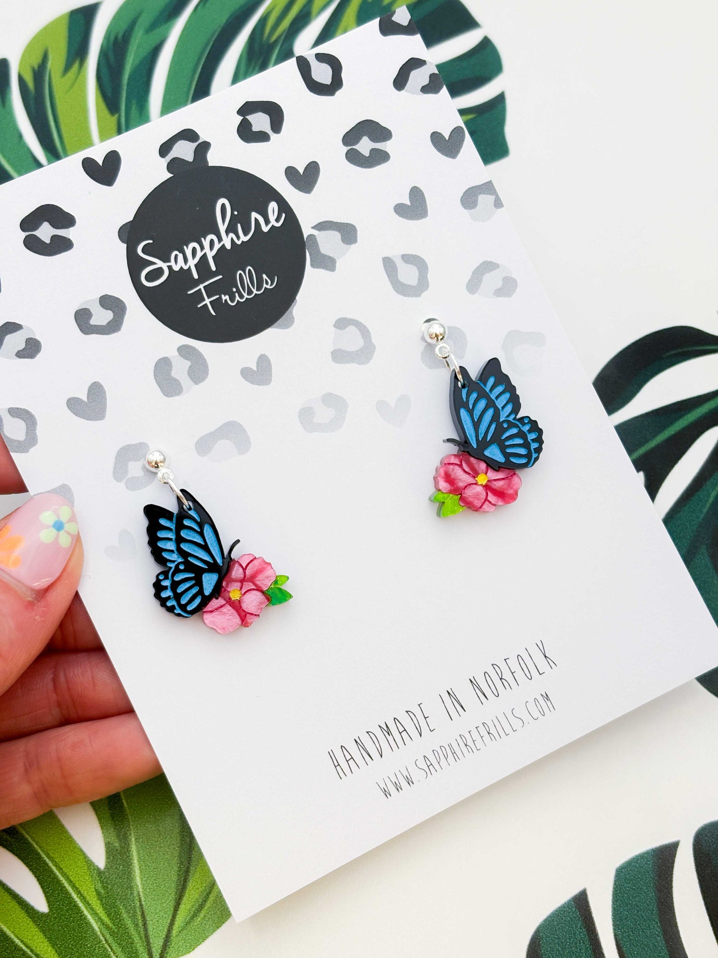 Medium Blue Butterfly on Hot Pink Flower Dangle Earrings