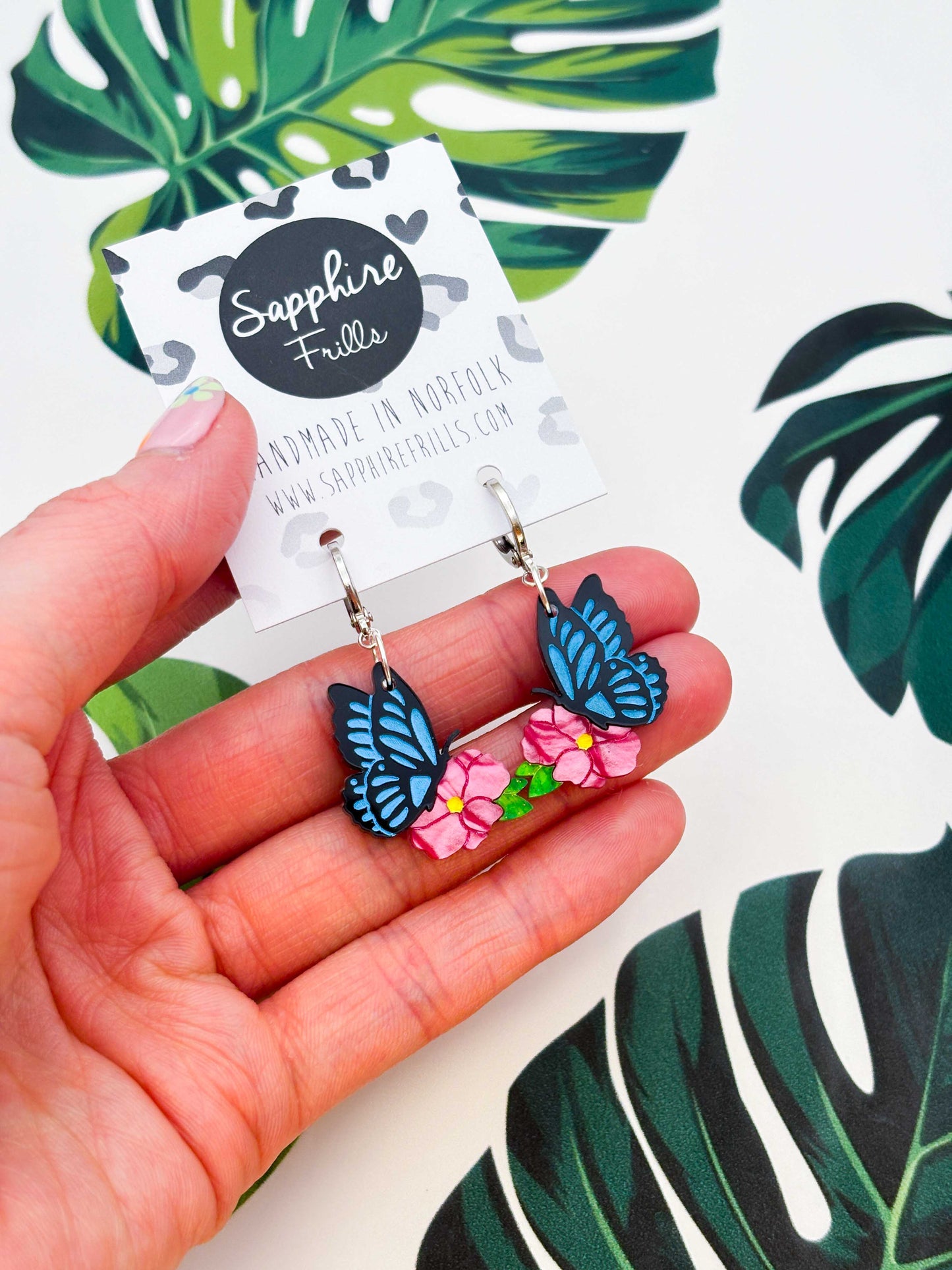 Medium Blue Butterfly on Hot Pink Flower Dangle Earrings or Necklace – Hypoallergenic Stainless Steel