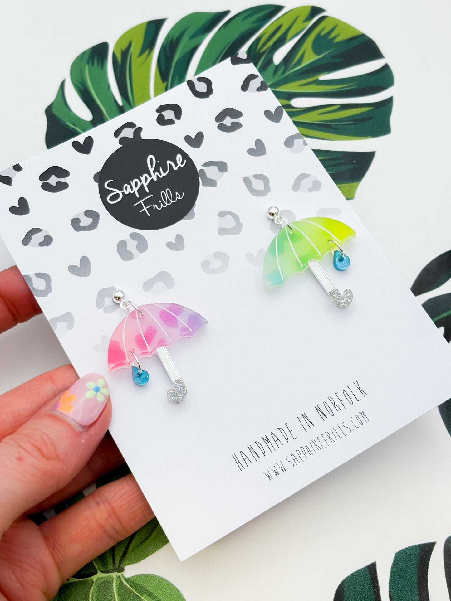 Large Mismatch Rainbow Leopard Umbrella with Raindrop Acrylic Dangle Earrings or Necklace – Hypoallergenic Stainless Steel
