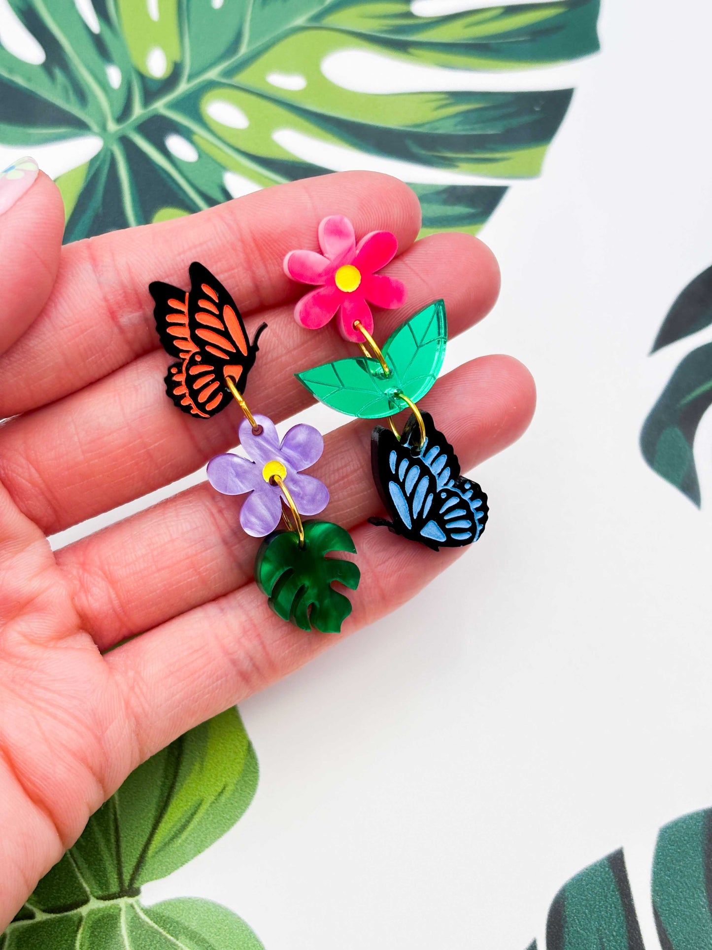 Mismatch Rainbow Butterfly Flower and Leaf Dangle Earrings