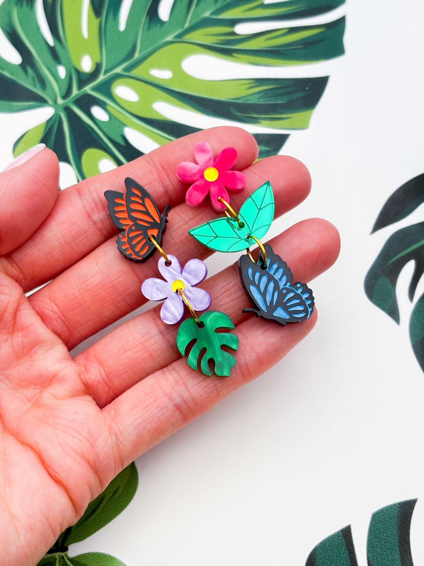Mismatch Rainbow Butterfly Flower and Leaf Dangle Earrings – Hypoallergenic Stainless Steel