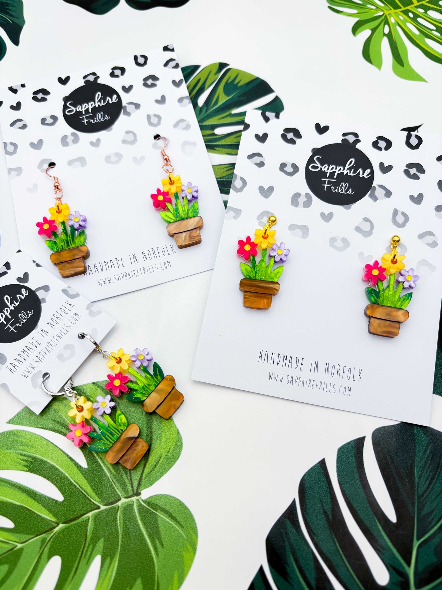 Large Daisy Trio Flower Pot Acrylic Dangle Earrings