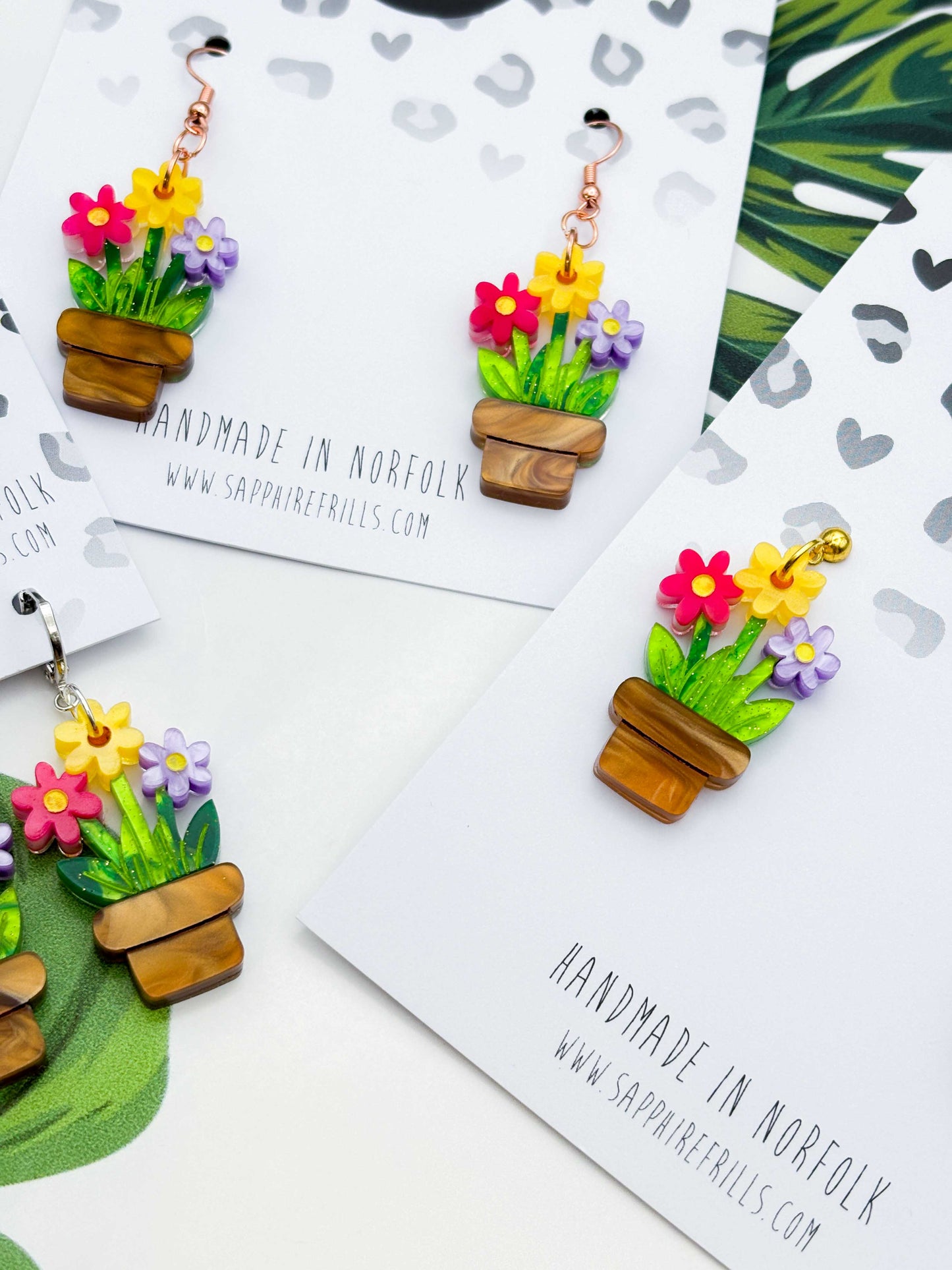 Large Daisy Trio Flower Pot Acrylic Dangle Earrings