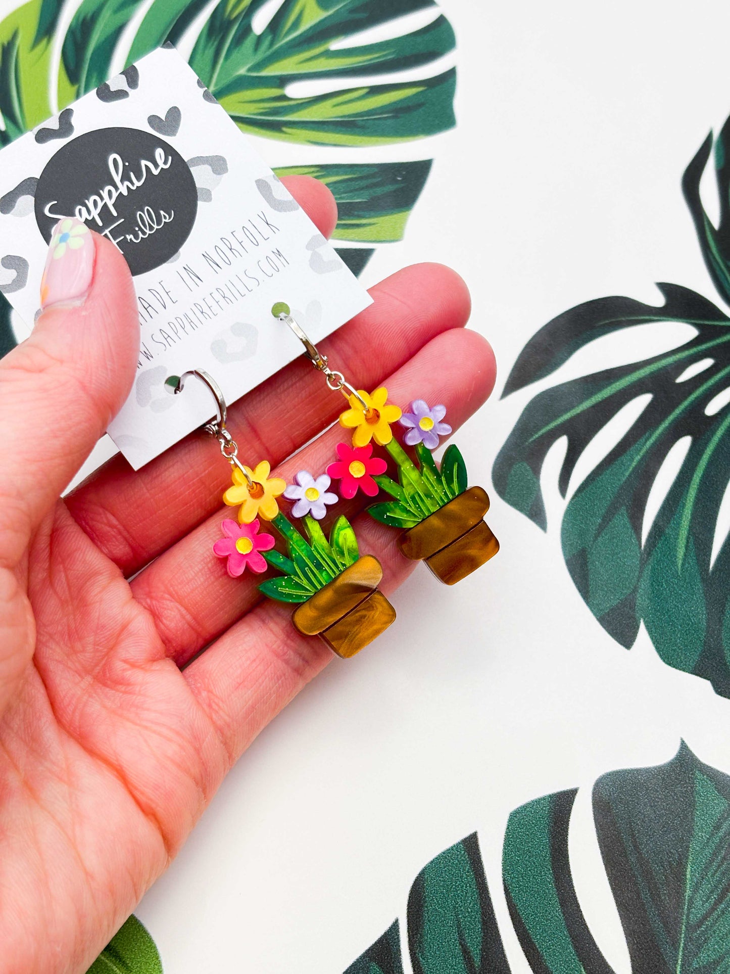 Large Daisy Trio Flower Pot Acrylic Dangle Earrings
