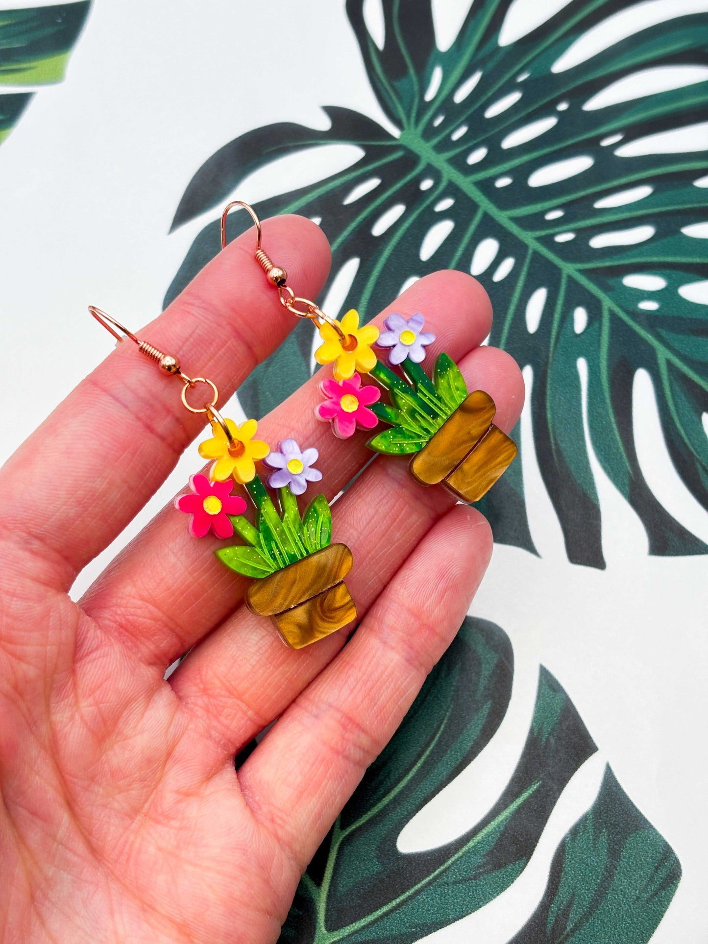 Large Daisy Trio Flower Pot Acrylic Dangle Earrings