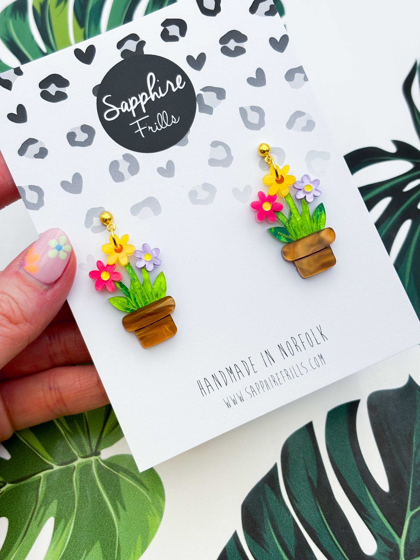 Large Daisy Trio Flower Pot Acrylic Dangle Earrings