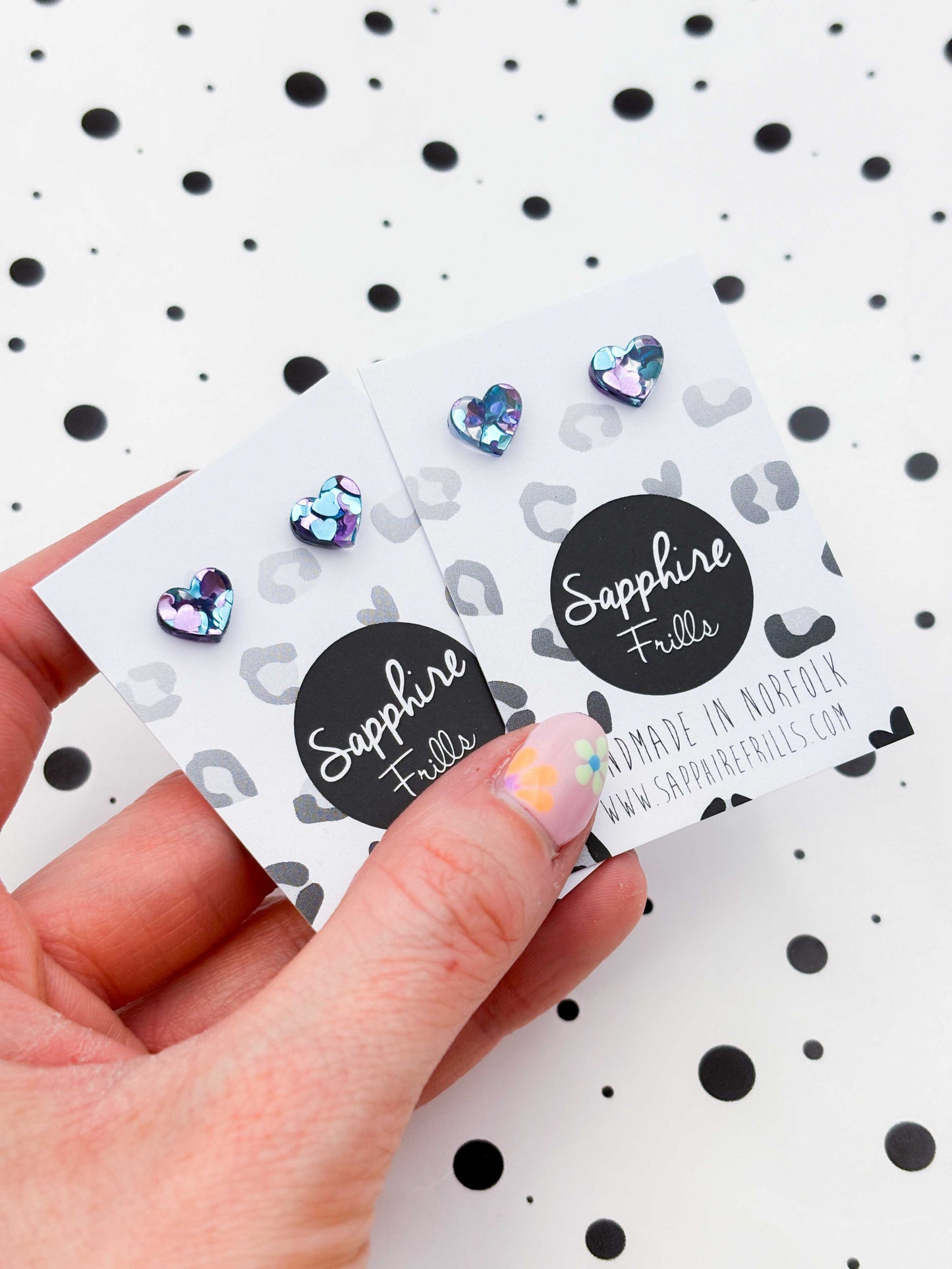 Mini Blue and Lilac Sequin Acrylic Heart Studs