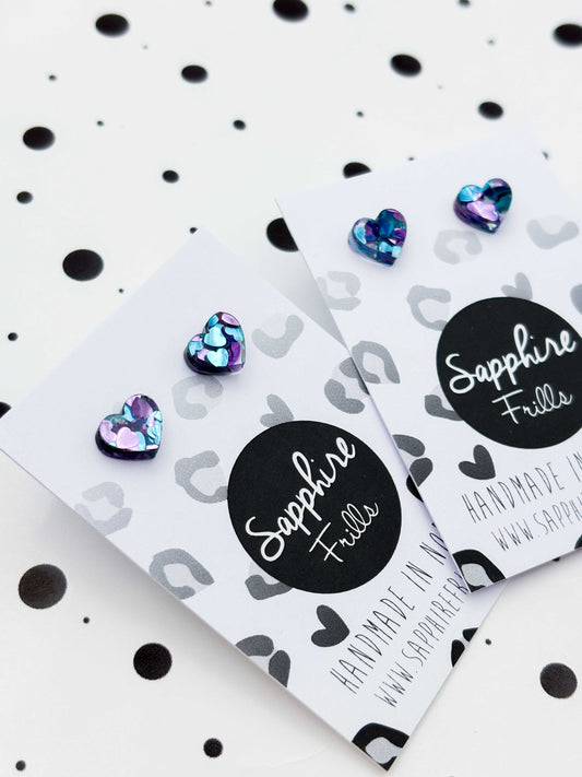 Mini Blue and Lilac Sequin Acrylic Heart Studs – Hypoallergenic Stainless Steel