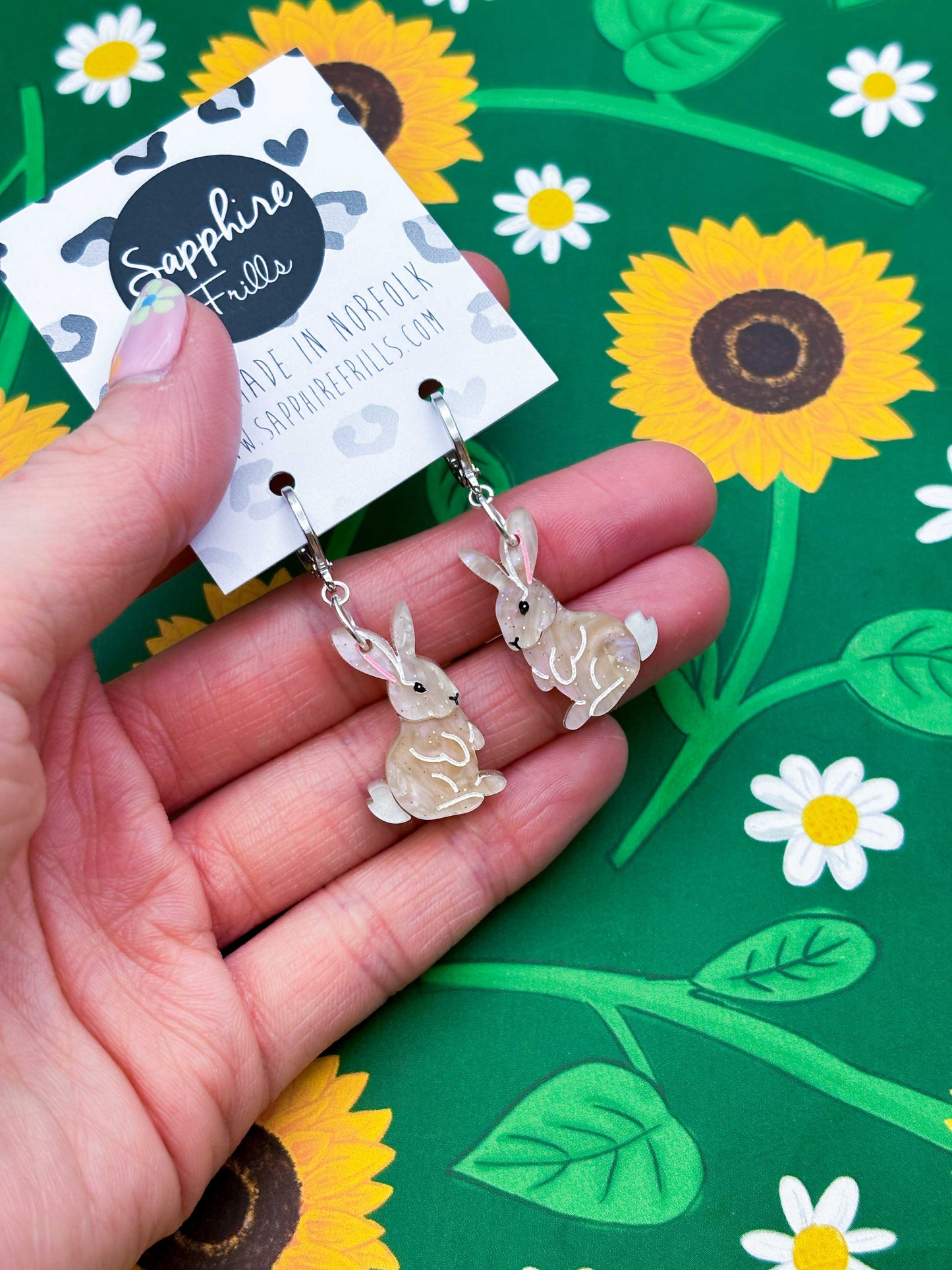 Medium Beige Glitter Marble Bunny Rabbit Acrylic Dangle Earrings