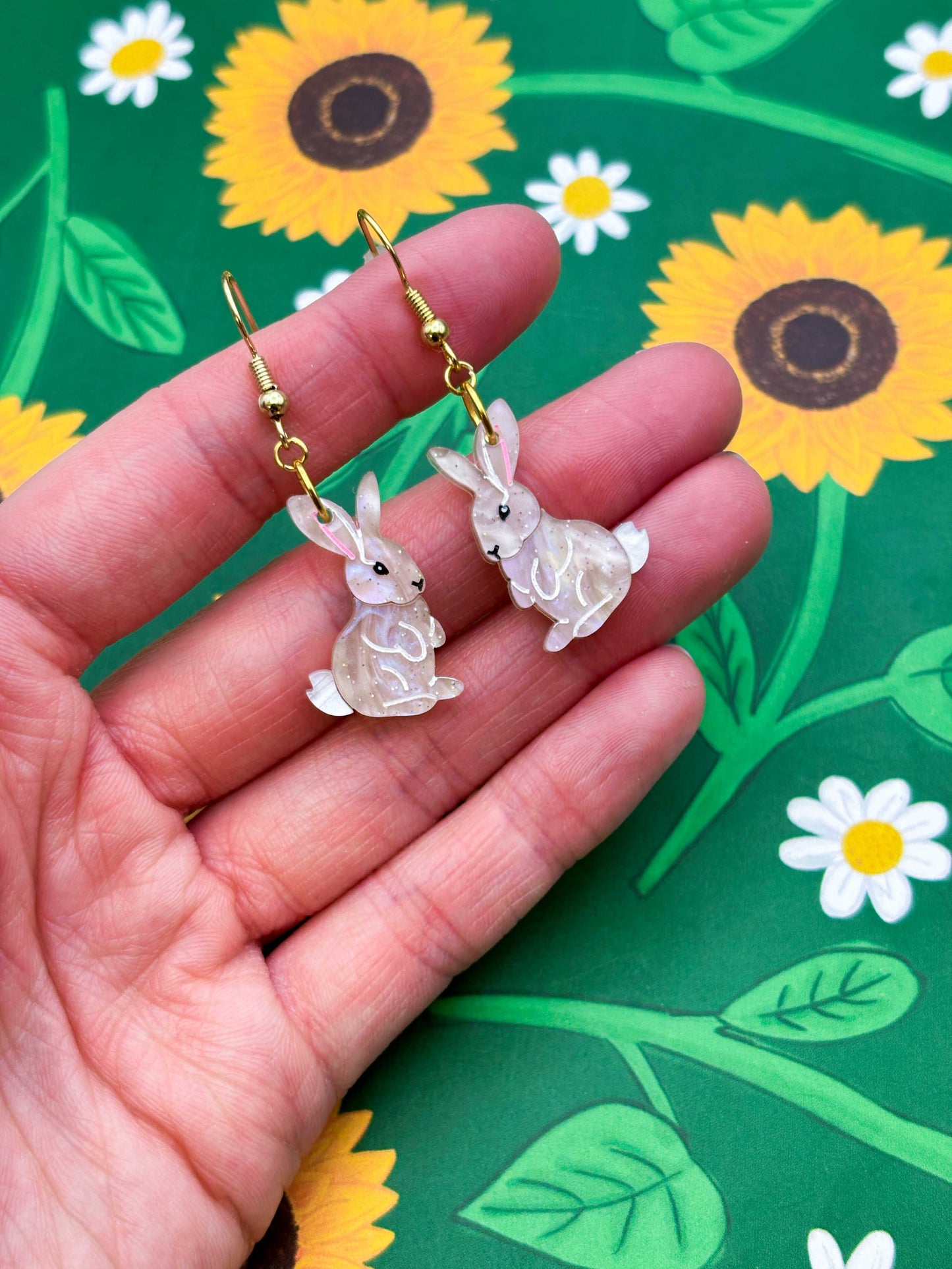 Medium Beige Glitter Marble Bunny Rabbit Acrylic Dangle Earrings