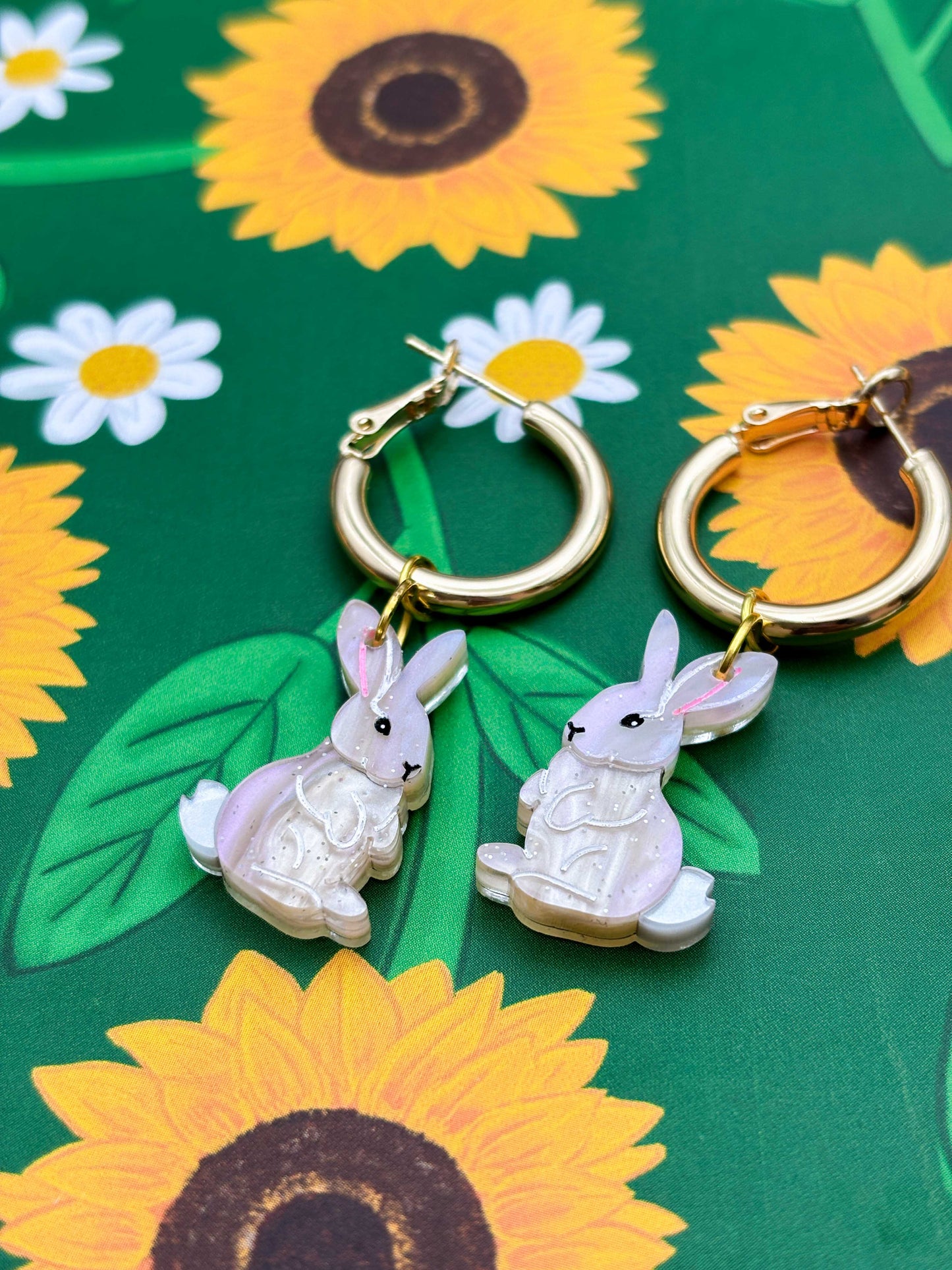 Medium Beige Glitter Marble Bunny Rabbit Acrylic Dangle Earrings or Necklace – Hypoallergenic Stainless Steel