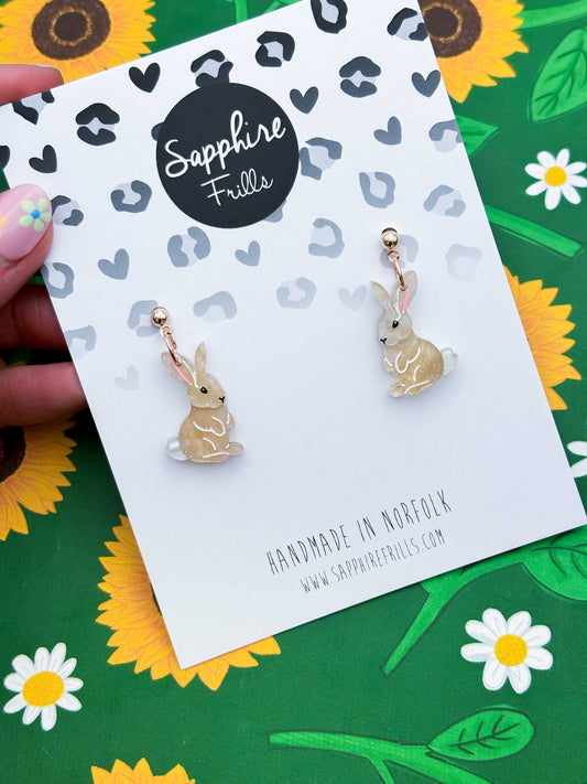 Medium Beige Glitter Marble Bunny Rabbit Acrylic Dangle Earrings or Necklace – Hypoallergenic Stainless Steel