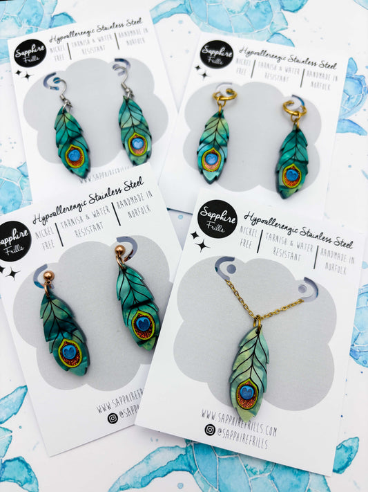 Large Metallic Teal Green Peacock Feather Dangle Earrings or Necklace – Hypoallergenic Stainless Steel