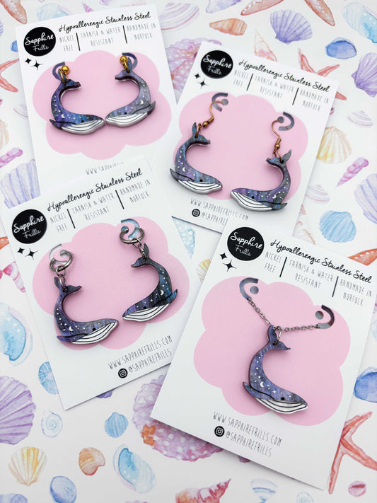 Large Grey Blue Glitter Marble Celestial Whale Dangle Earrings or Necklace – Hypoallergenic Stainless Steel