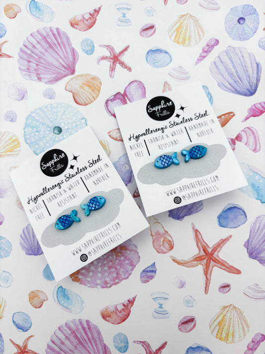 Mini Bright Blue Glitter Marble Fish Studs – Hypoallergenic Stainless Steel