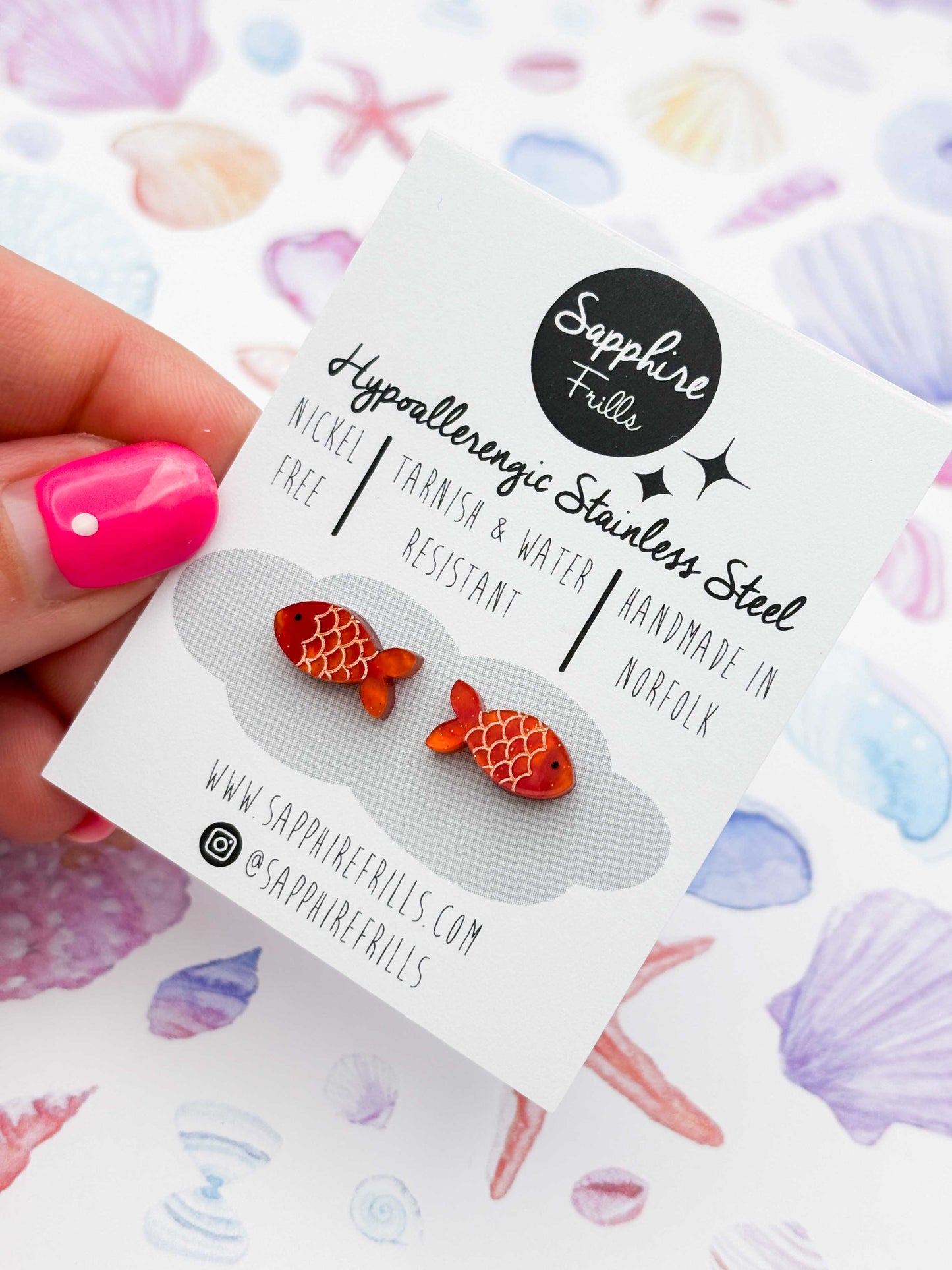 Mini Orange Glitter Marble Goldfish Studs – Hypoallergenic Stainless Steel