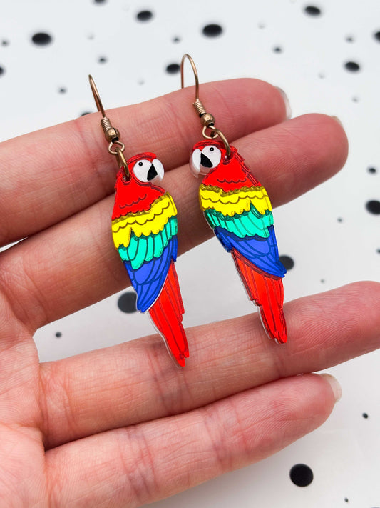Large Rainbow Mirror Parrot Dangle Earrings or Necklace – Hypoallergenic Stainless Steel