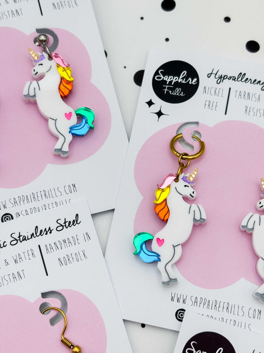 Large Rainbow Mirror Unicorn Dangle Earrings or Necklace – Hypoallergenic Stainless Steel