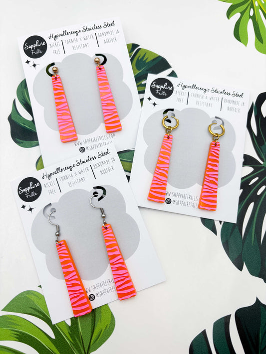 Large Hot Pink & Orange Zebra Print Trapeze Dangle Earrings or Necklace – Hypoallergenic Stainless Steel