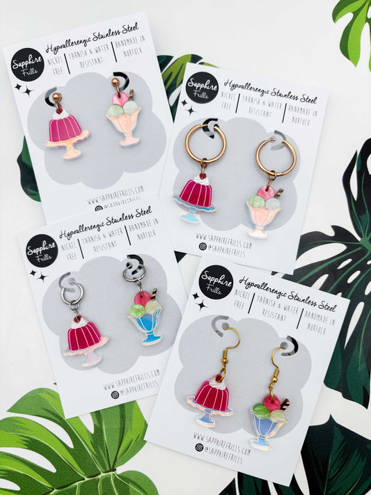 Large Strawberry, Pistachio & Vanilla Jelly & Ice Cream Sundae Dangle Earrings or Necklace – Hypoallergenic Stainless Steel