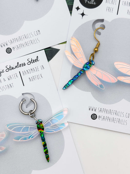 Large Green & Blue Metallic Dragonfly Dangle Earrings or Necklace – Hypoallergenic Stainless Steel