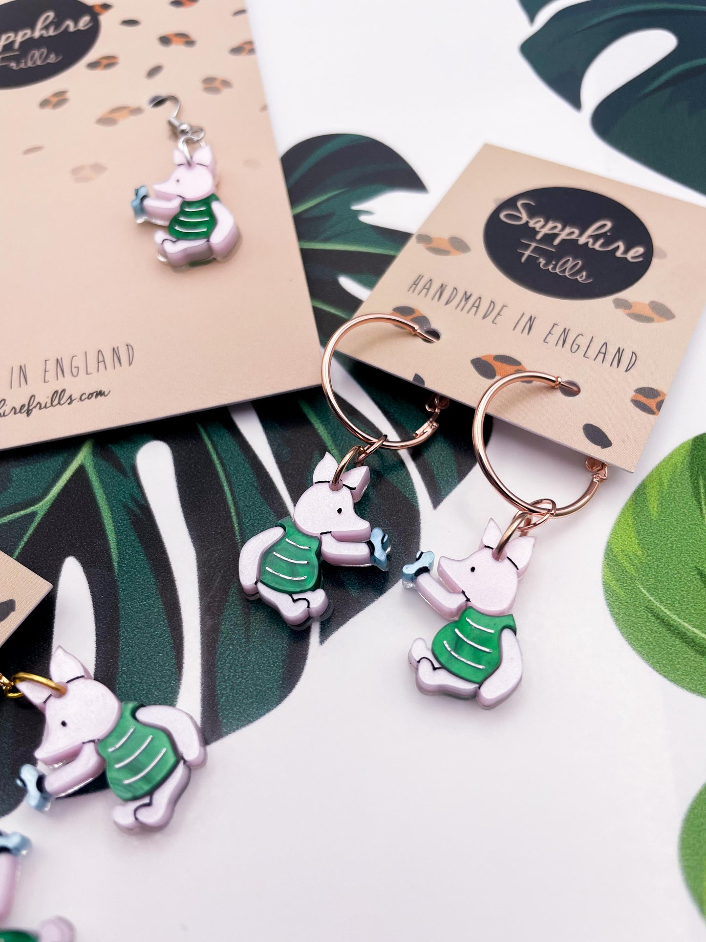 Medium Baby Pink Piglet with Blue Butterfly Acrylic Dangle Earrings or Necklace – Hypoallergenic Stainless Steel