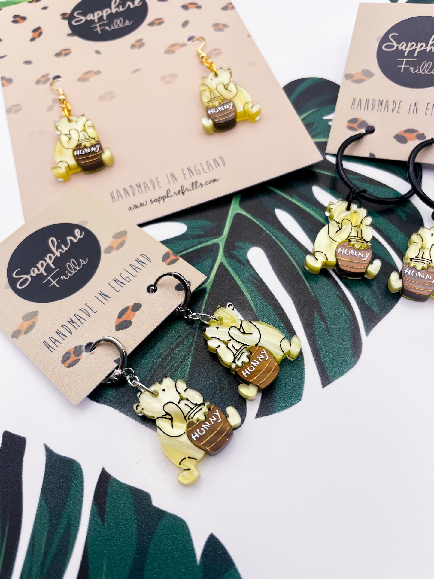 Medium Yellow Winnie the Pooh with Brown Hunny Pot Acrylic Dangle Earrings