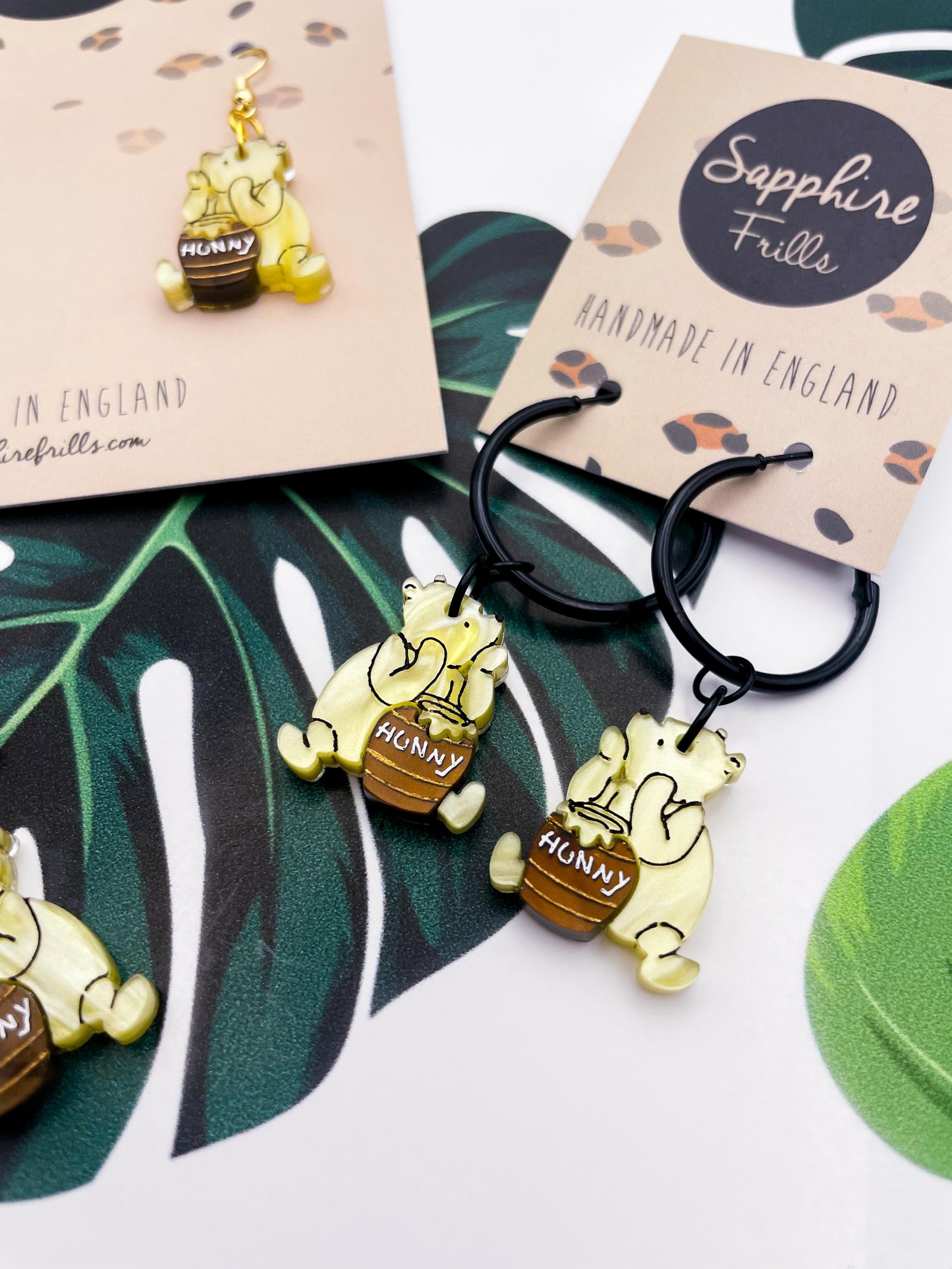 Medium Yellow Winnie the Pooh with Brown Hunny Pot Acrylic Dangle Earrings