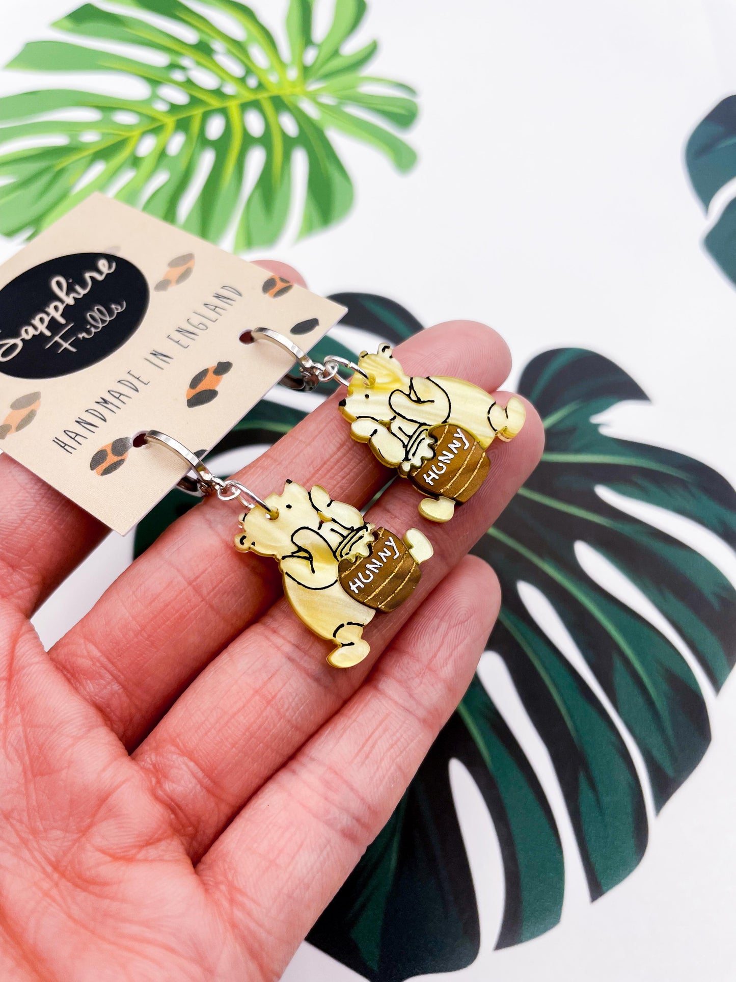 Medium Yellow Winnie the Pooh with Brown Hunny Pot Acrylic Dangle Earrings