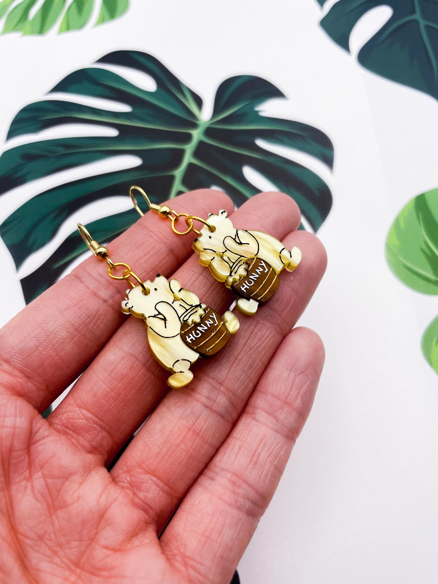 Medium Yellow Winnie the Pooh with Brown Hunny Pot Acrylic Dangle Earrings