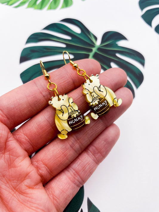 Medium Yellow Winnie the Pooh with Brown Hunny Pot Acrylic Dangle Earrings or Necklace – Hypoallergenic Stainless Steel