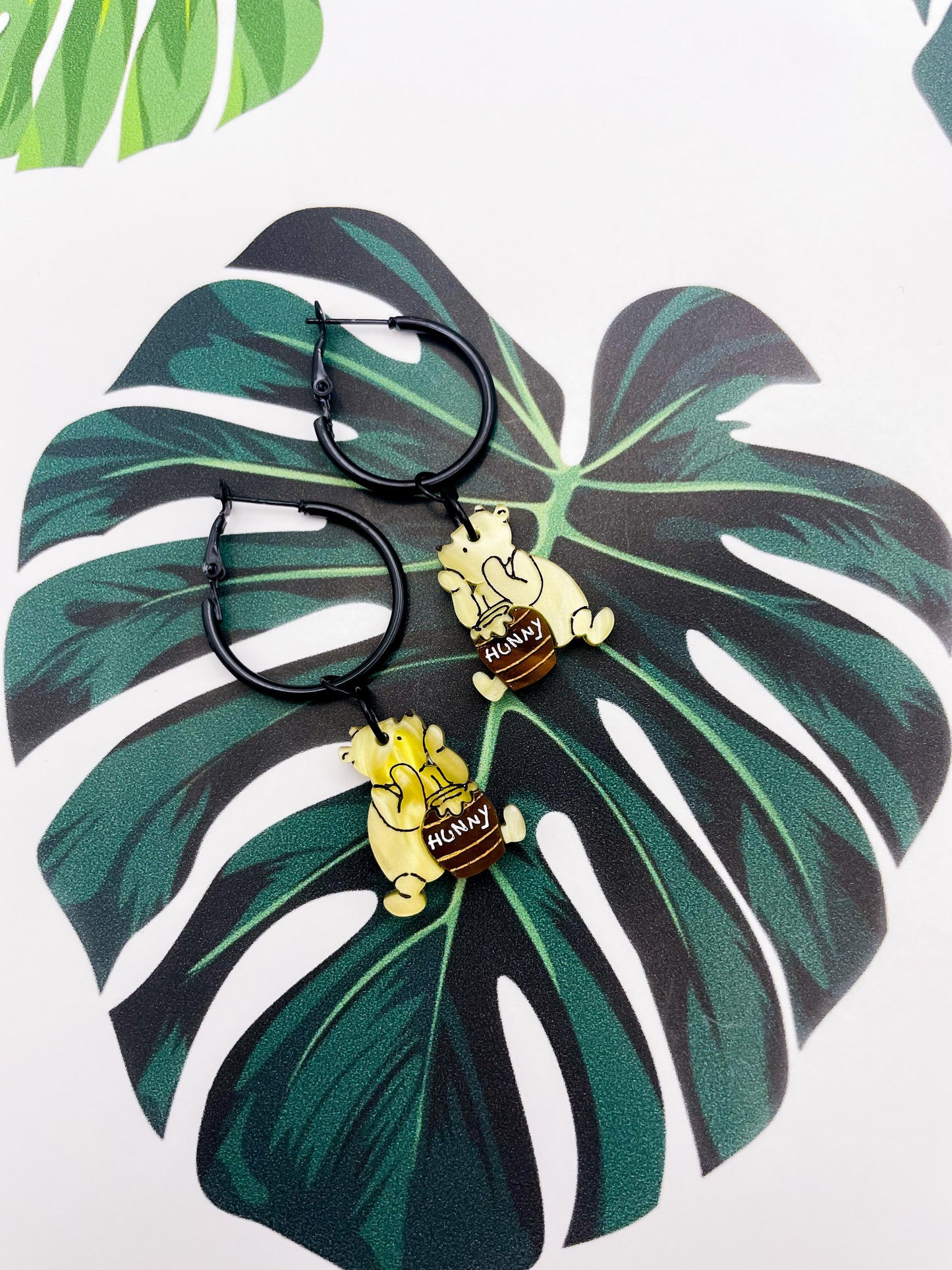 Medium Yellow Winnie the Pooh with Brown Hunny Pot Acrylic Dangle Earrings