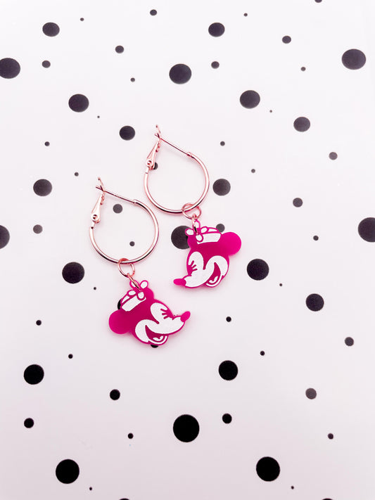 Medium Hot Pink Minnie Mouse Acrylic Dangle Earrings or Necklace – Hypoallergenic Stainless Steel