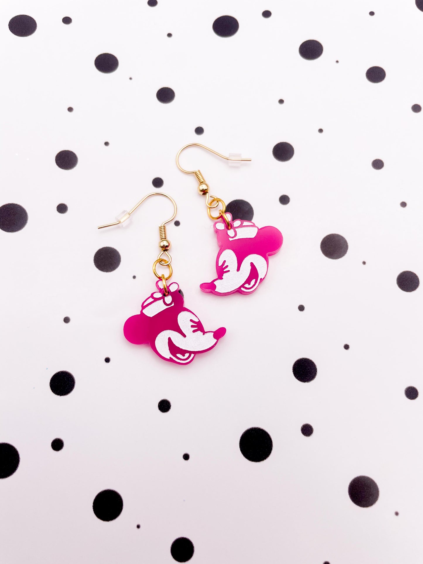 Medium Hot Pink Minnie Mouse Acrylic Dangle Earrings or Necklace – Hypoallergenic Stainless Steel