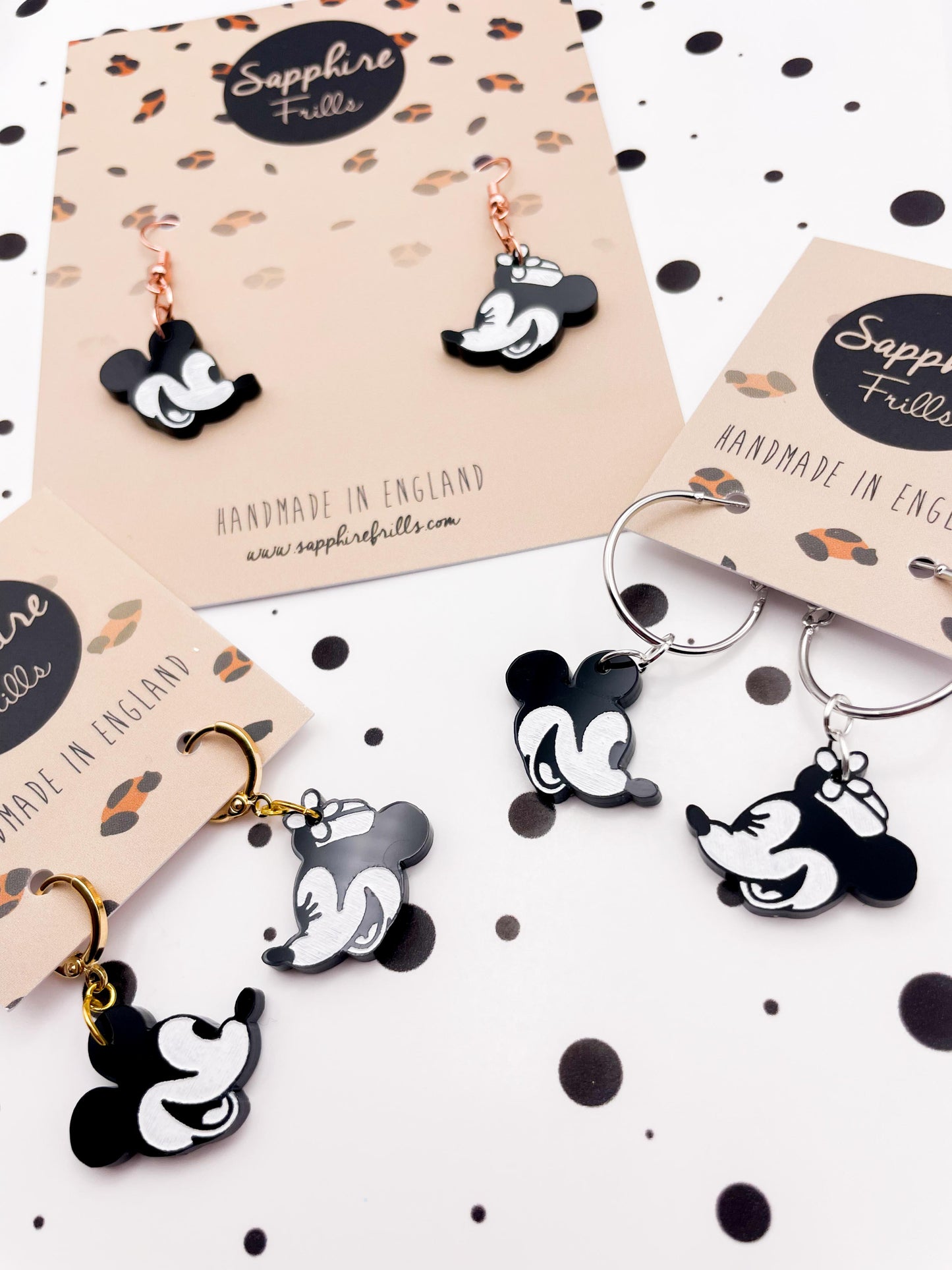 Medium Black and White Mismatch Mickey & Minnie Mouse Acrylic Dangle Earrings