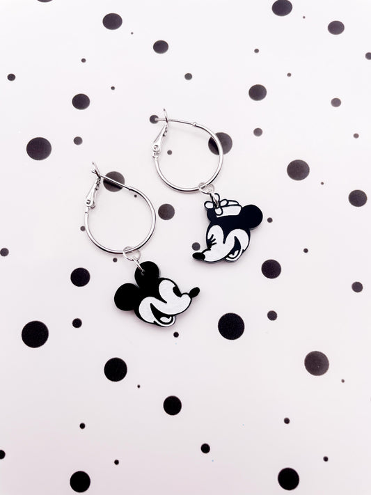 Medium Black and White Mismatch Mickey & Minnie Mouse Acrylic Dangle Earrings or Necklace – Hypoallergenic Stainless Steel