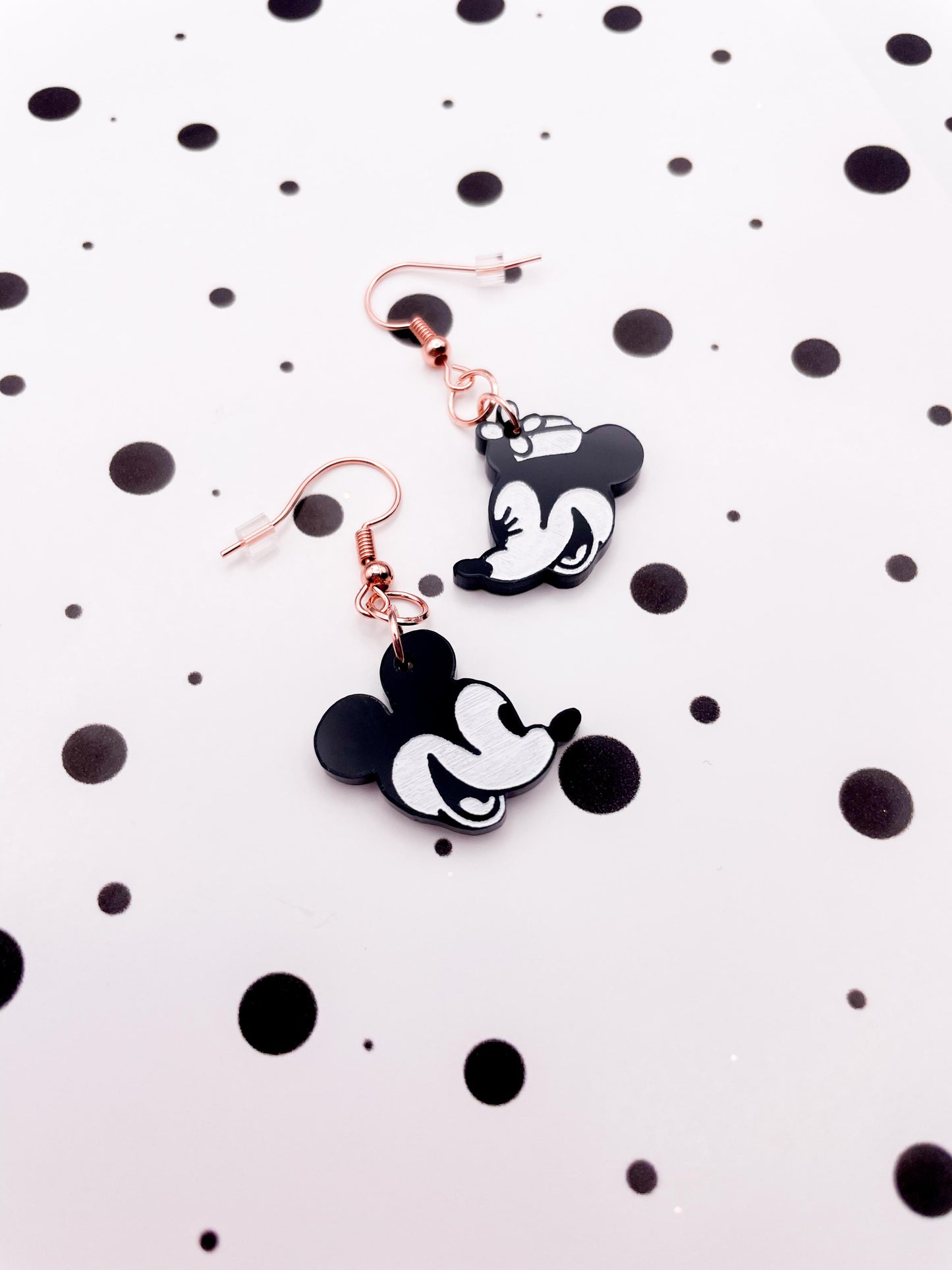 Medium Black and White Mismatch Mickey & Minnie Mouse Acrylic Dangle Earrings