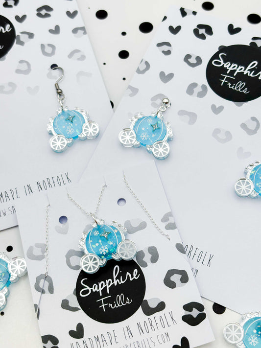 Medium Holographic Light Blue & Silver Princess Carriage Dangle Earrings or Necklace – Hypoallergenic Stainless Steel