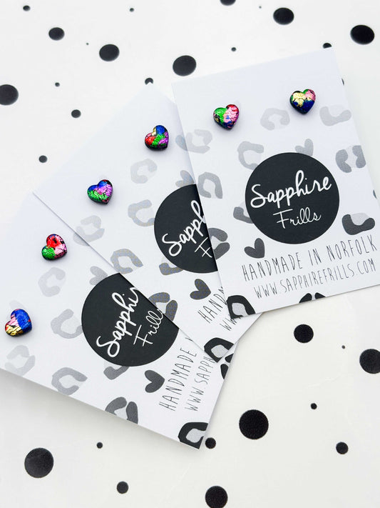 Micro Rainbow Foil Heart Stud Earrings – Hypoallergenic Stainless Steel