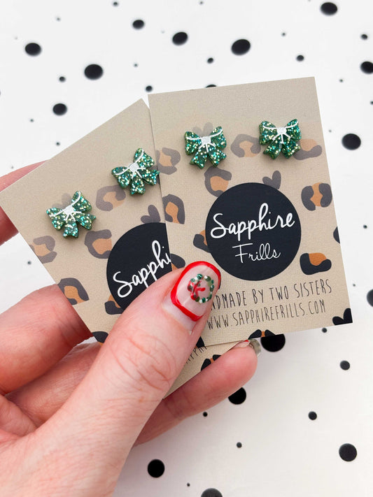 Mini Green Glitter Acrylic Bow Studs – Hypoallergenic Stainless Steel