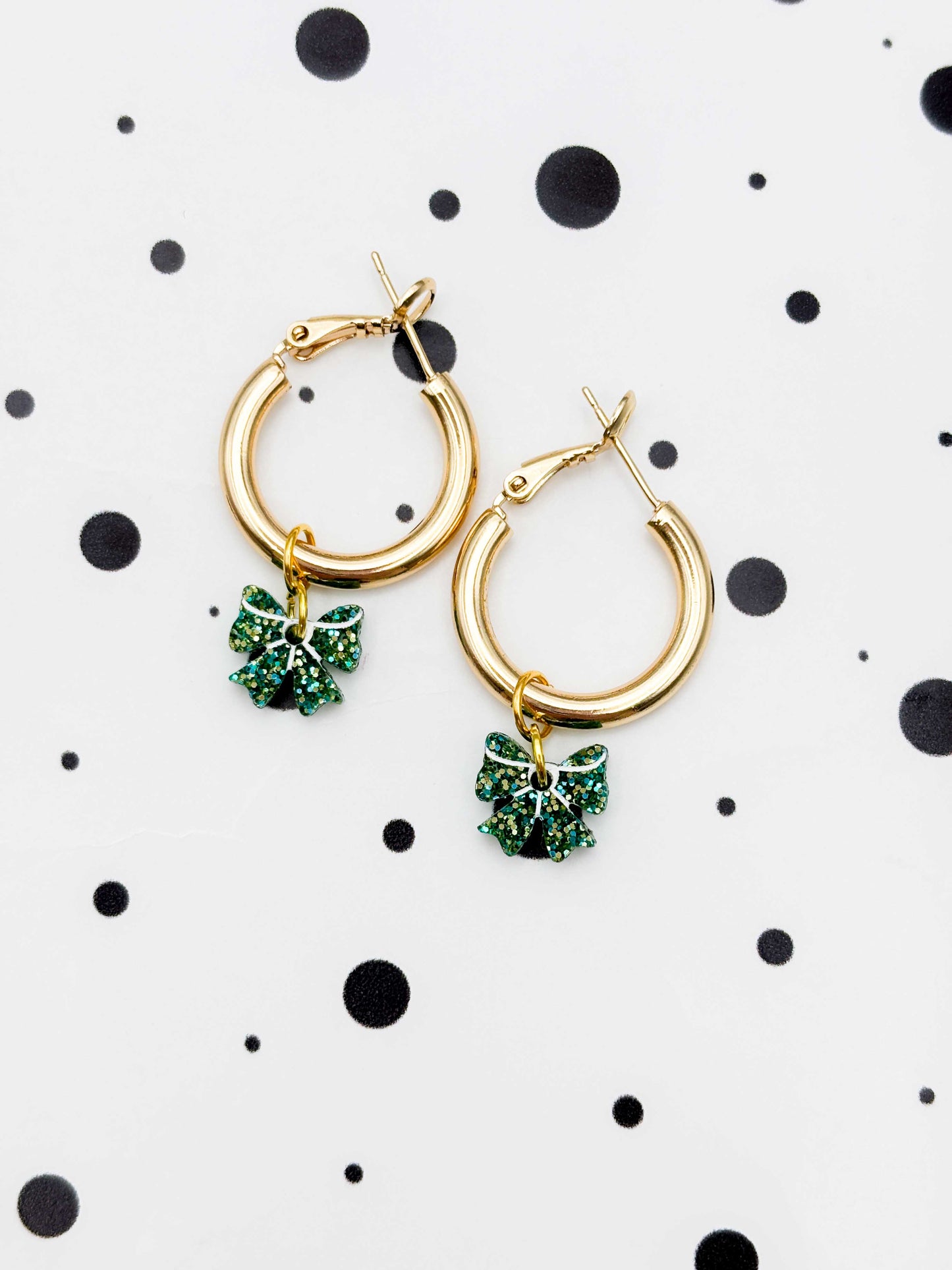 Mini Green Glitter Acrylic Bow Dangle Earrings or Necklace – Hypoallergenic Stainless Steel
