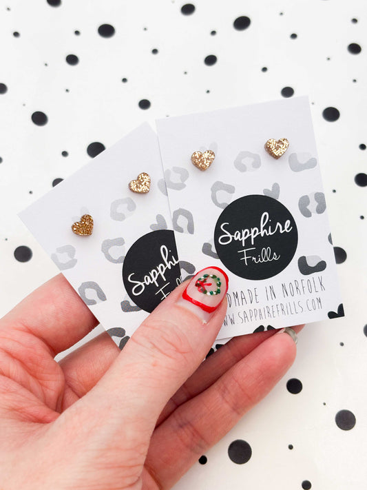 Micro Champagne Gold Glitter Heart Acrylic Stud – Hypoallergenic Stainless Steel