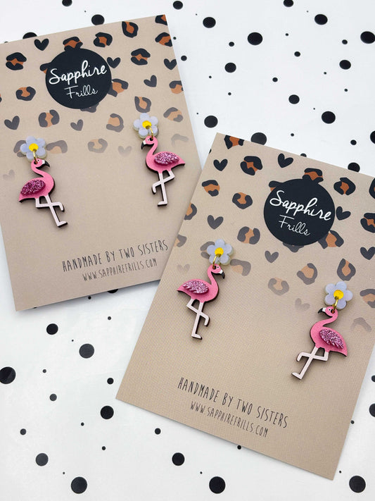 Pearl Shimmer and Hot Pink Glitter Acrylic Flamingo Flower Dangle Earrings – Hypoallergenic Stainless Steel
