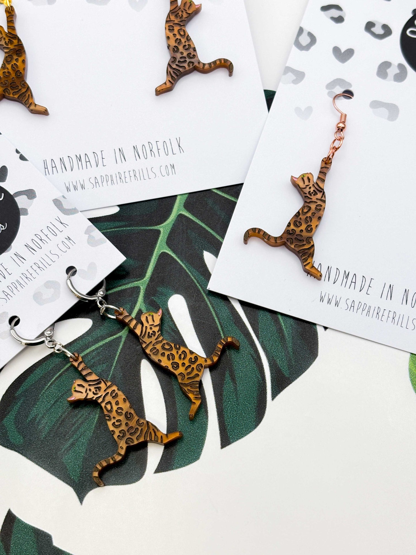 Large Brown Bengal Cat Dangle Earrings