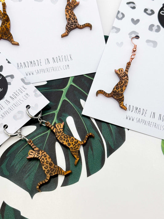 Large Brown Bengal Cat Dangle Earrings or Necklace – Hypoallergenic Stainless Steel
