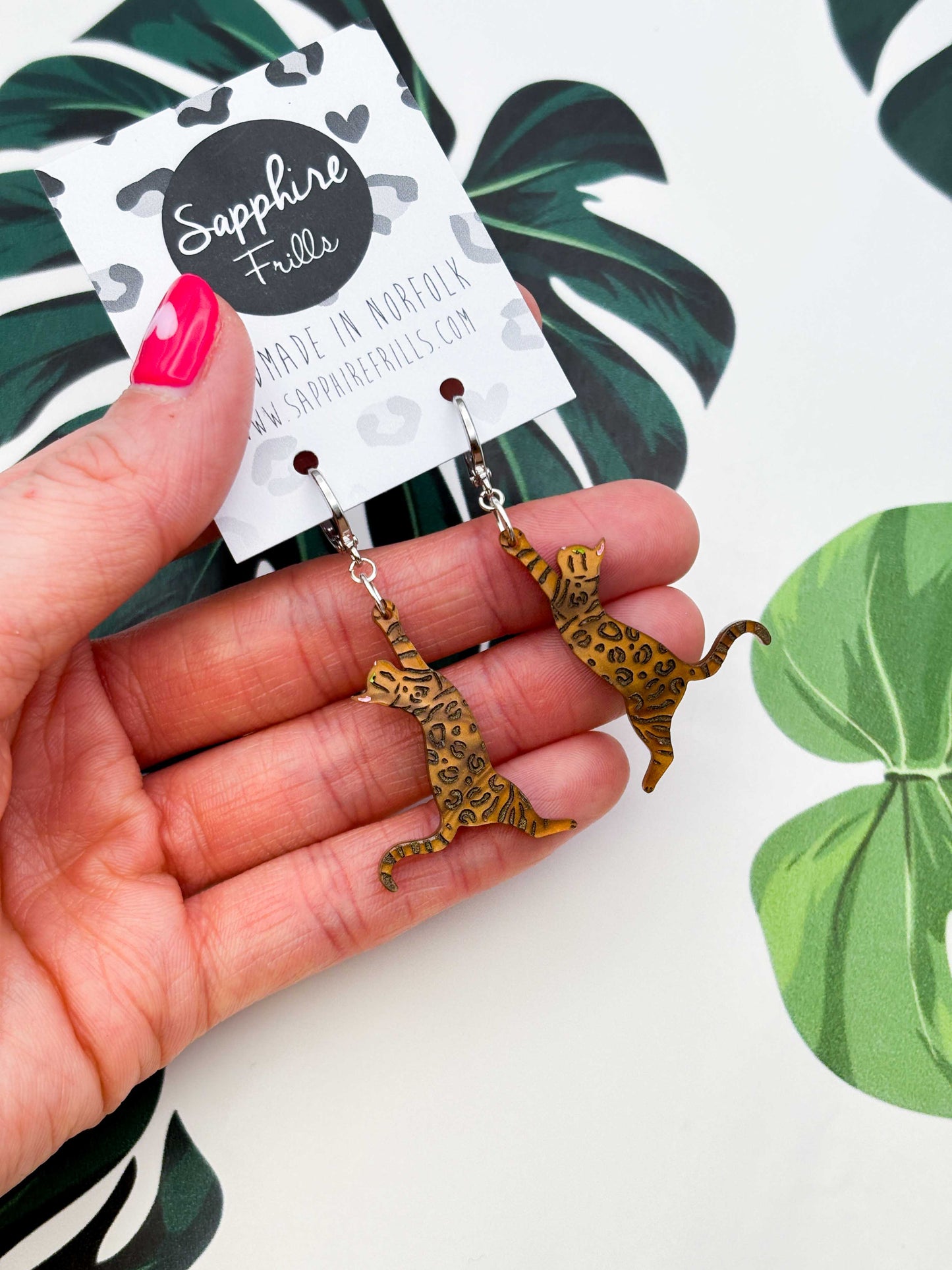 Large Brown Bengal Cat Dangle Earrings
