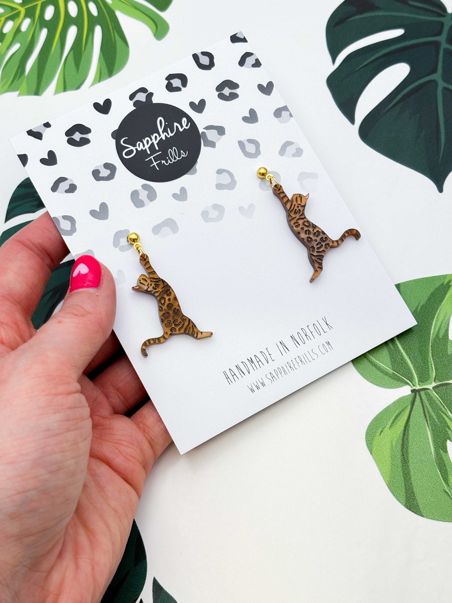 Large Brown Bengal Cat Dangle Earrings