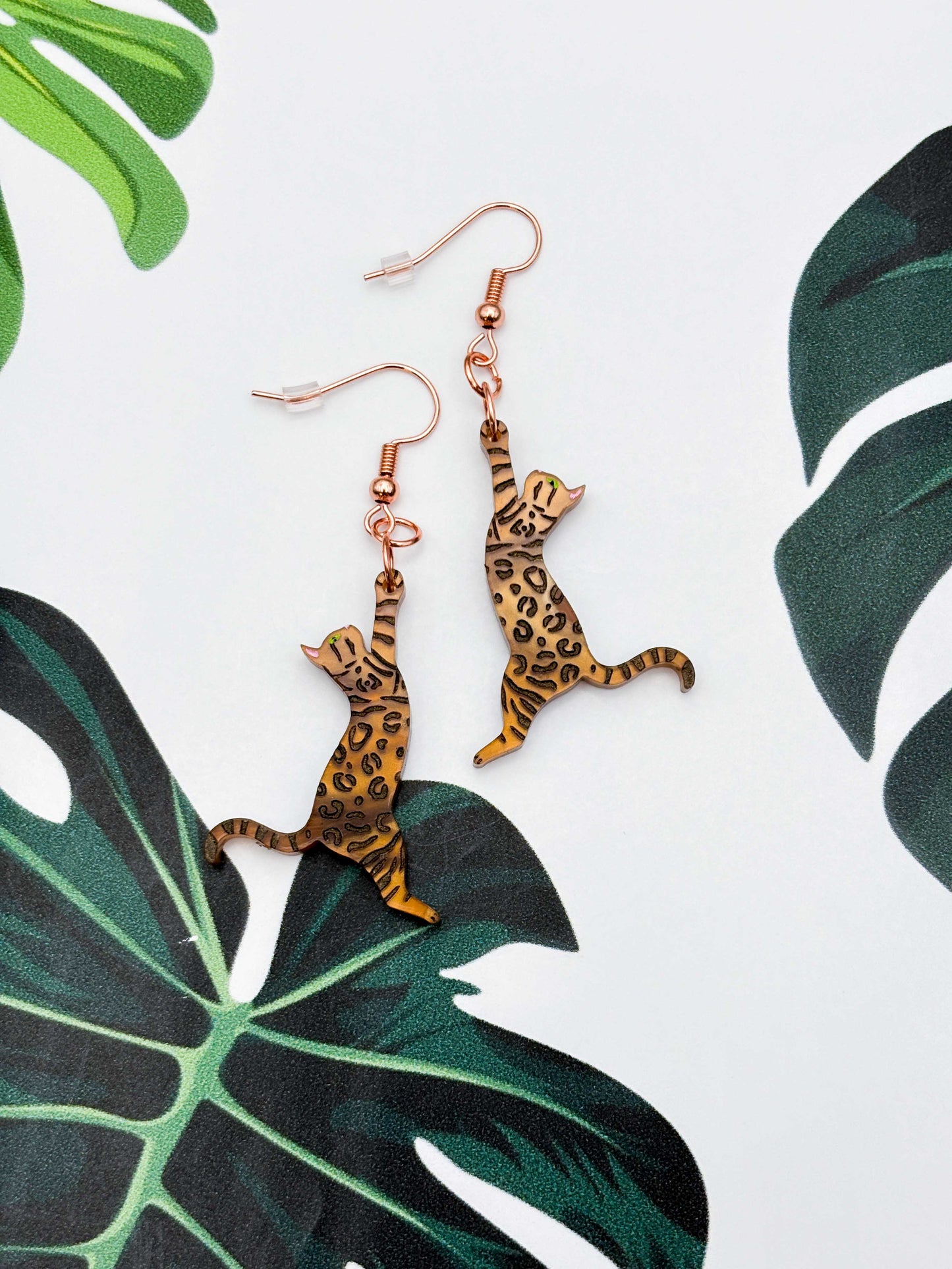 Large Brown Bengal Cat Dangle Earrings