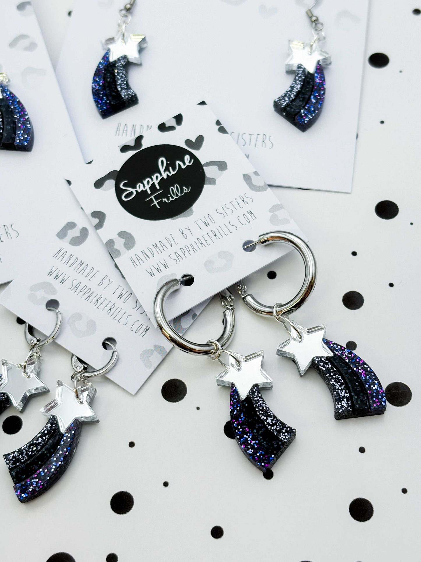 Medium Silver and Night Sky Holographic Glitter Acrylic Shooting Star Dangle Earrings or Necklace – Hypoallergenic Stainless Steel