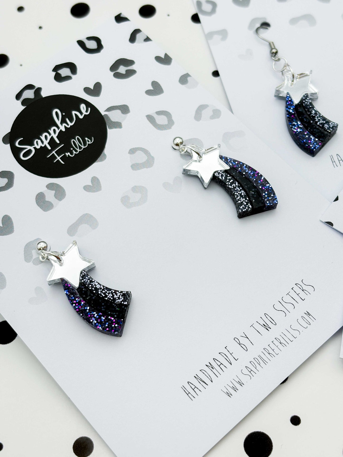 Medium Silver and Night Sky Holographic Glitter Acrylic Shooting Star Dangle Earrings